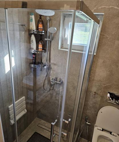 a shower with a glass door in a bathroom at Like home in Samothraki 2 in Kamariotissa