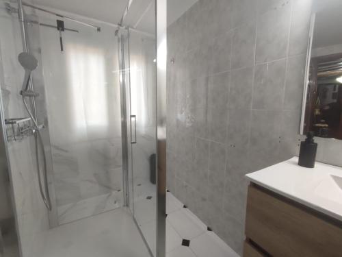 a bathroom with a shower and a toilet and a sink at Casona de Barrabás in San Vicente de la Sonsierra