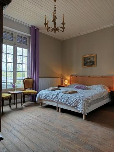 a bedroom with a bed and a chandelier at Maison Vive La Vie in Couiza