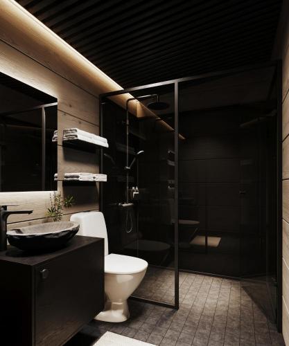 a bathroom with a toilet and a sink and a shower at ALVA Resort in Rovaniemi