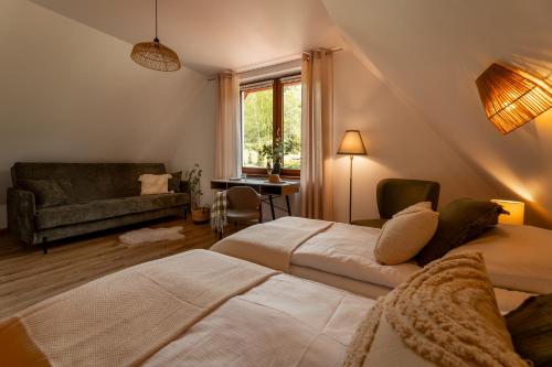 a bedroom with two beds and a couch and a window at Dzika Stokrotka in Idzików