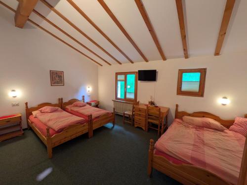 a room with two beds and a tv in it at Hotel Foppoli in Poschiavo