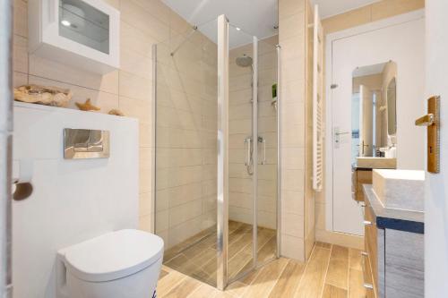 a bathroom with a shower and a toilet at La maison de Léandre - Medoc in Saint-Seurin-de-Cadourne