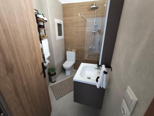 a bathroom with a white sink and a toilet at Prikas Apartments B in Kefalos