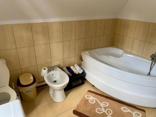 a bathroom with a white tub and a toilet at Casa dintre Brazi Colibita in Colibiţa