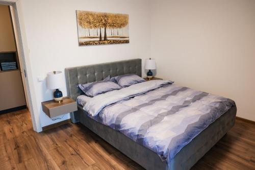 a bedroom with a bed and a painting on the wall at AMA Residence Premium Apartment in Târgu-Mureş
