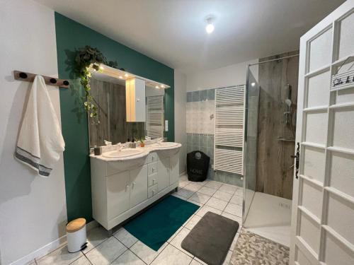 a bathroom with a sink and a shower at Gîte Le Mailloux - Maison calme à 15 min du Pal in Saligny-sur-Roudon