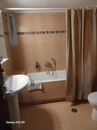 a bathroom with a tub and a sink and a shower at Menidi Apartment 201 in Menídion