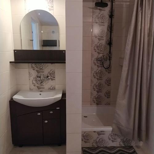 a bathroom with a sink and a shower at Złota Rybka in Rowy