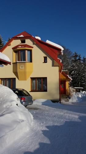 a house with a car parked in the snow at Apartment Ulrich in Jablonec nad Jizerou