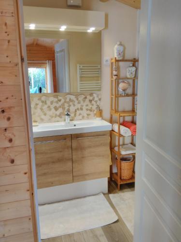 a bathroom with a sink and a mirror at Le Chalet in Ouistreham
