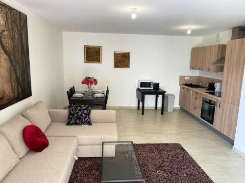 a living room with a couch and a table in it at Apparté - Appartement proche Genève et Palexpo in Ferney-Voltaire