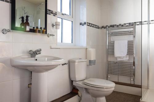 a white bathroom with a toilet and a sink at Strands Hotel/Screes Inn & Micro Brewery in Nether Wasdale