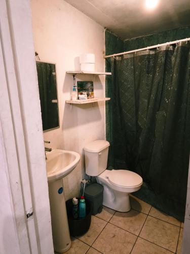 a bathroom with a toilet and a sink and a shower at Hare Maohi in Hanga Roa