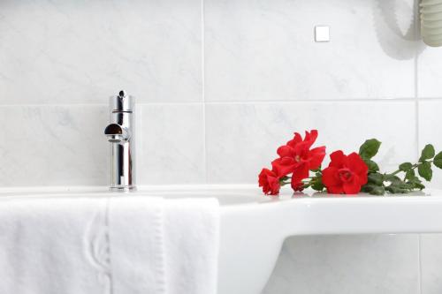 a sink with red flowers on top of it at Hotel & SPA Riviera Castelsardo in Castelsardo