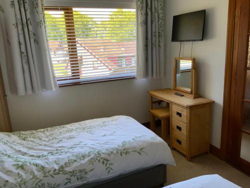 a bedroom with a bed and a television and a window at Daisy Cottage in Polegate