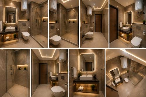a collage of four pictures of a bathroom at Hotel Veloria Grand IGI Airport Delhi in New Delhi