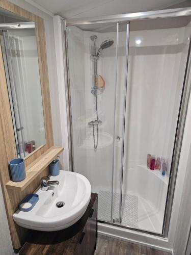 a bathroom with a shower and a white sink at Iris - D6 in Eyemouth