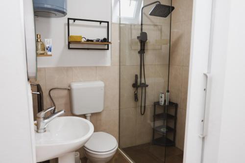 a bathroom with a toilet and a sink and a shower at Vikendica Trebižat river in Čapljina