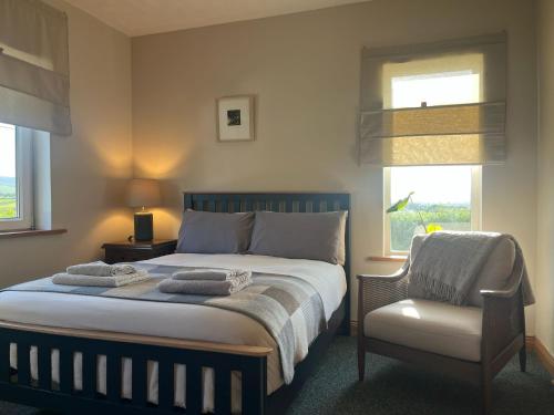 ein Schlafzimmer mit einem Bett, einem Stuhl und zwei Fenstern in der Unterkunft Three Sisters in Dingle