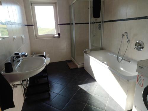 a bathroom with a tub and a sink and a shower at greenlodge pornplatthof in Auna di Sopra