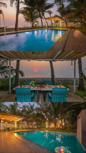 a collage of three pictures of a swimming pool at The Mariners Plunder - A Sea Facing Escape in Avas