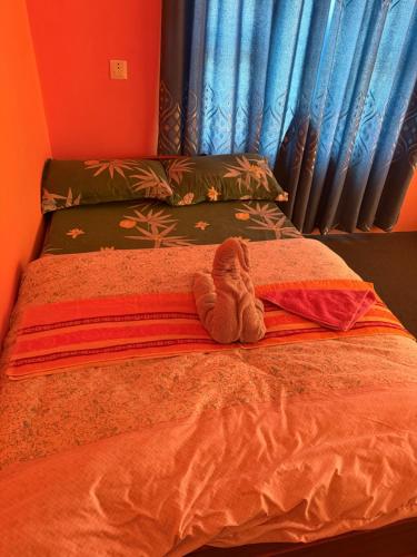 a teddy bear laying on top of a bed at Hotel Tara in Kāgbeni