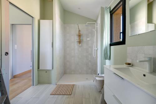 a bathroom with a shower and a sink at Le Logis des Abeilles in Lapenne