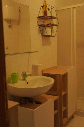 a bathroom with a white sink and a mirror at La dimora degli Etruschi in Civitella Cesi