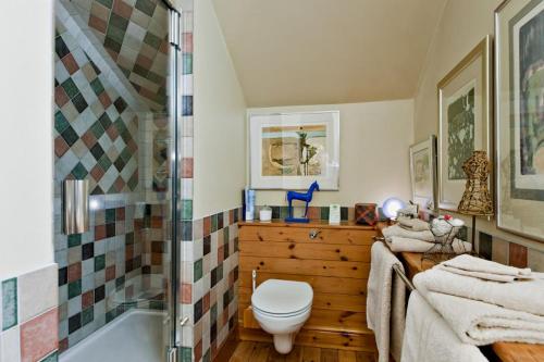 a bathroom with a toilet and a shower and a sink at The Dick Turpin Cottage in Clun