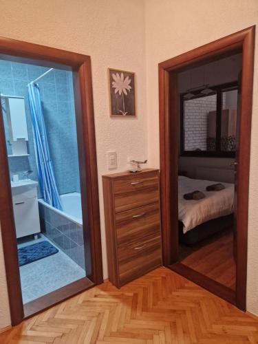 a bathroom with a glass door leading to a bedroom at Apartman BLUERESIDENCE Šamac in Bosanski Šamac