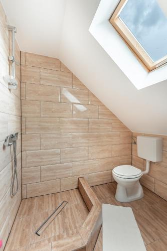 a bathroom with a toilet and a skylight at Casa Diana Confort in Avrig