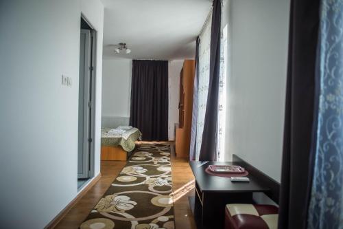 a hallway with a room with a couch and a rug at Casa Albă in Sănduleşti