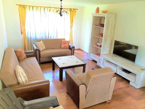 a living room with a couch and a television at Ilidza Holiday Home in Sarajevo