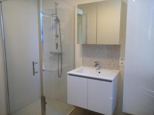 a white bathroom with a sink and a shower at Klauwaards appartement in Kortrijk