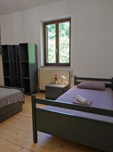 a bedroom with two beds and a window at Apartment Cimbora, Salara farmhouse in Koper