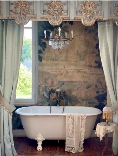 a bath tub in a bathroom with a wall at Les séquoias géants in Saint-Martin-aux-Arbres