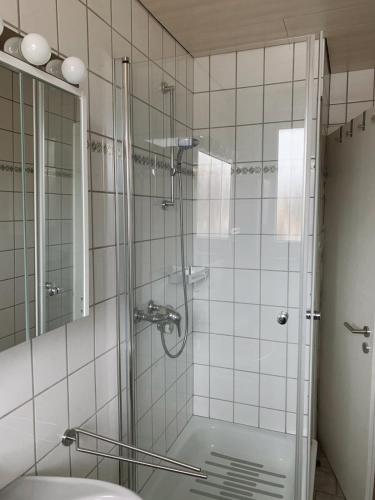 a bathroom with a shower with a glass door at Ruhiges City-Apartment mit Balkon in Selb