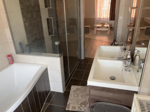 a bathroom with a sink and a shower at Lenti Central Apartman in Lenti
