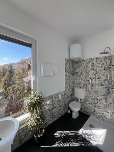 a bathroom with a sink and a toilet and a window at Riviera 990 Chalet in (( Ogradena Nouă ))