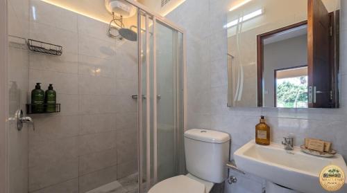 a bathroom with a toilet and a sink and a shower at Nhacuene's place in Vilanculos