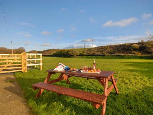 a picnic table in a field next to a fence at Tir Deri in Llanrian