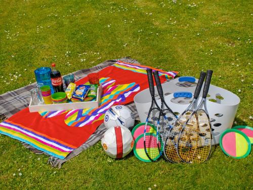 a picnic with tennis rackets and balls on a blanket at Tir Deri in Llanrian