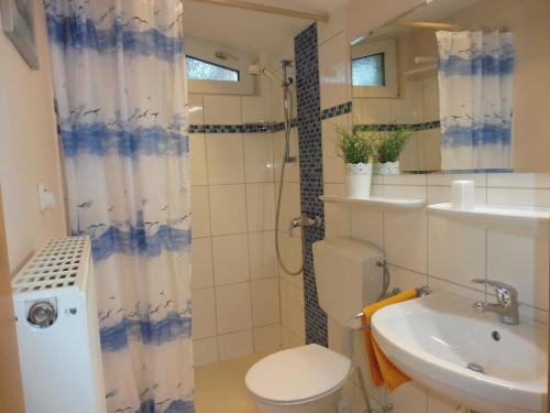 a bathroom with a toilet and a sink and a shower at Ferienwohnung Graf Strandgut in Karlshagen