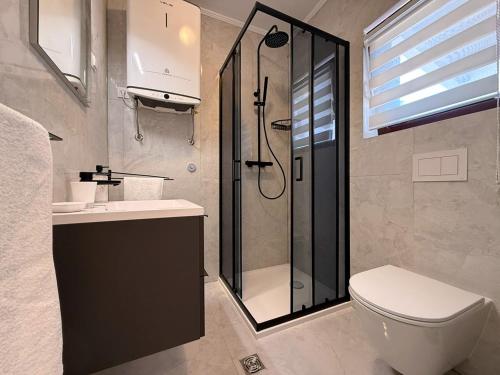 a bathroom with a shower and a toilet and a sink at Apartments Zeljko B in Šilo