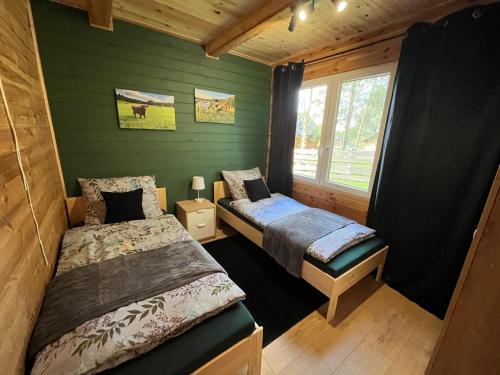 two beds in a room with green walls at Leśny Zakątek - Mazury - Warmia - jezioro Dadaj in Ramsowo