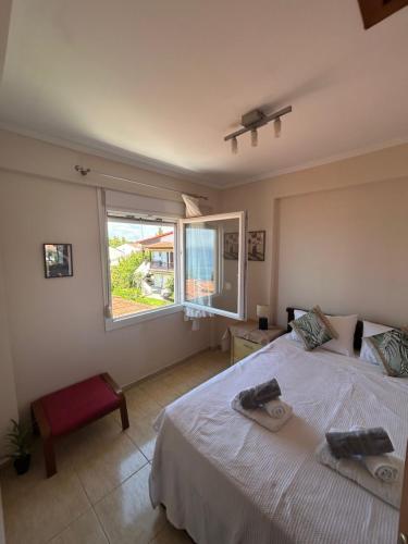 a bedroom with a large bed and a window at Danai Nefeli Apartment in Siviri