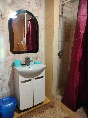 a bathroom with a sink and a shower at Cottage in Pulemets