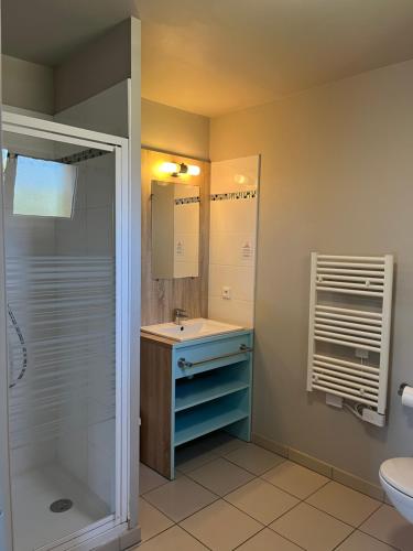 a bathroom with a sink and a shower at Résidence Lagrange Vacances La Grenadine in Marseillan