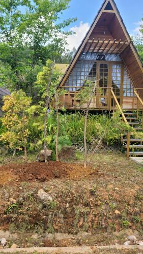 a log cabin with a porch and a tree at Đồi Lát Homestay in Da Lat